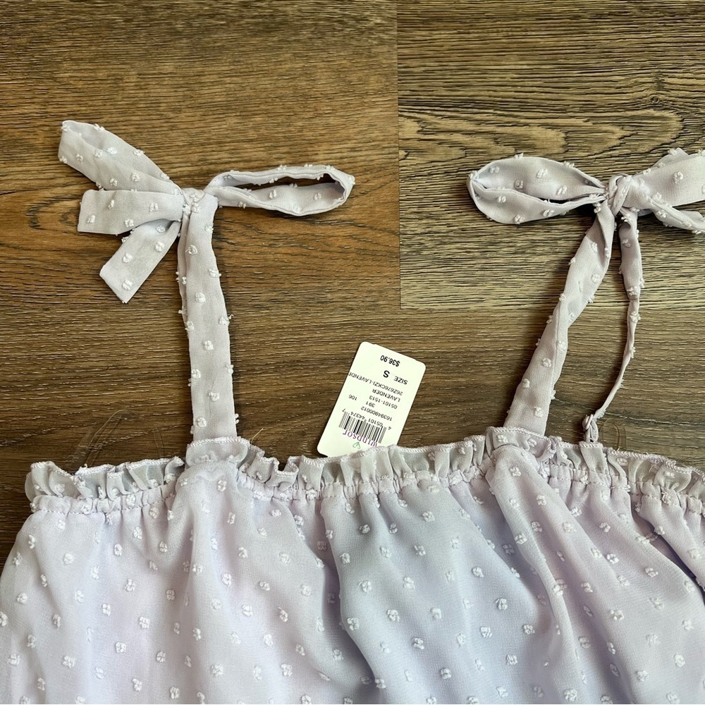 NWT Windsor Swiss Dot Tiered Babydoll Mini Dress Lavender Tie Strap Ruffle Small - Picture 5 of 6